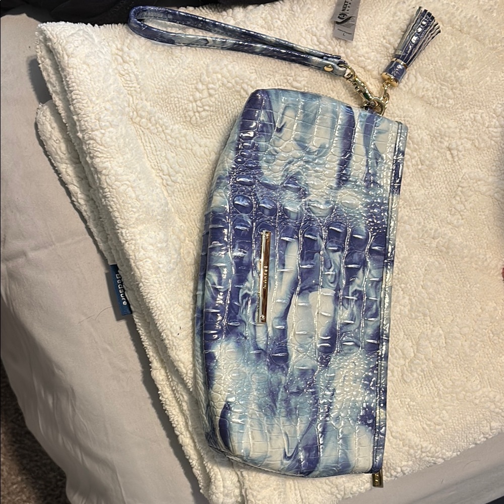 Blue and White Crocodile Embossed Wristlet